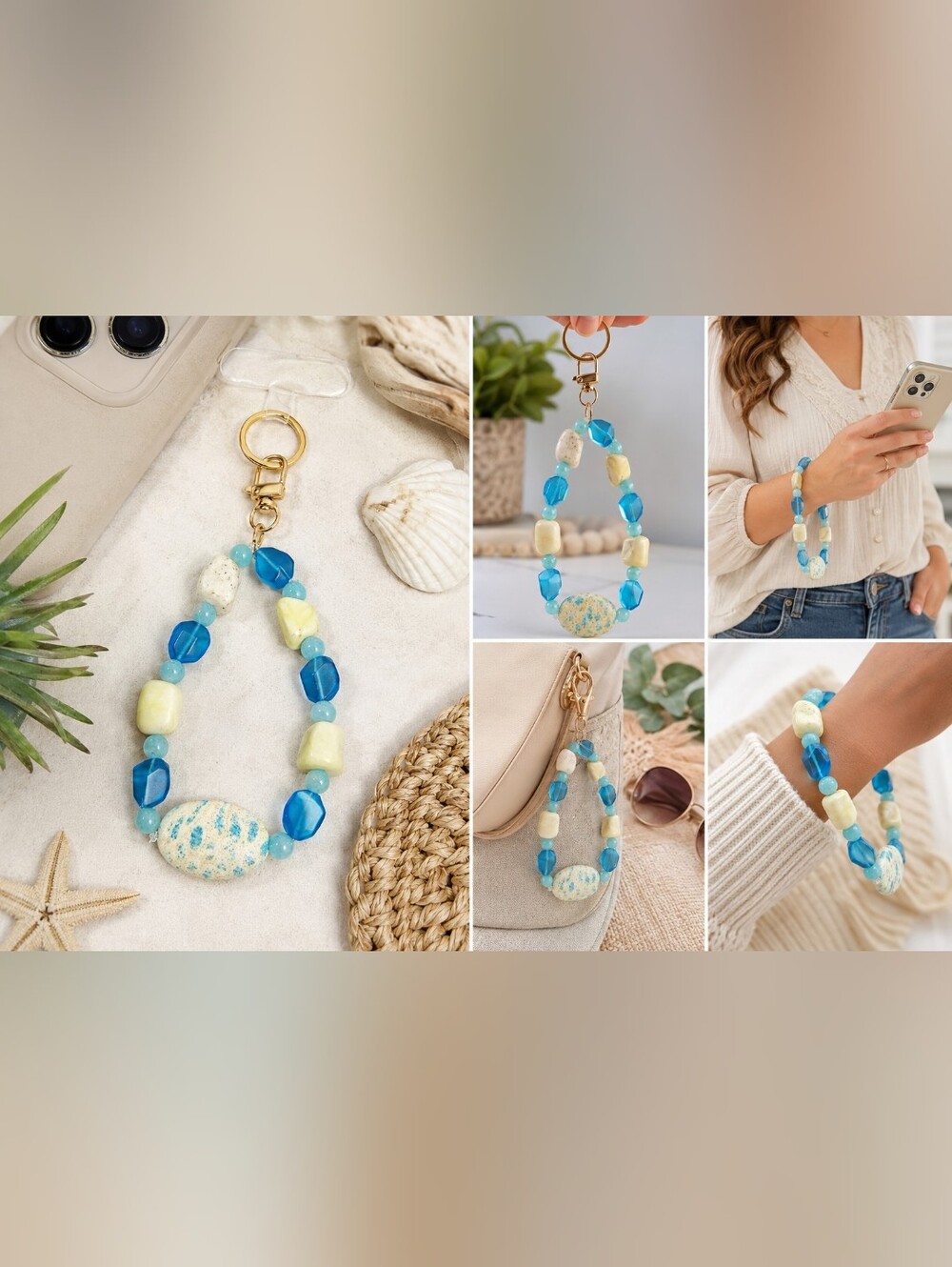 9" Beaded Wrist Phone Lanyard Blue Natural Stone Handmade Keychain Strap